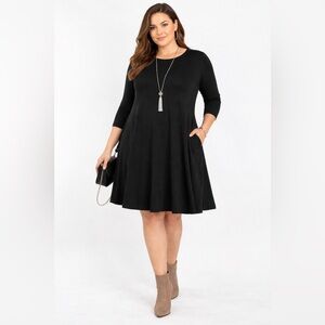 42POPS Black Swing Tunic Dress 2X 3/4 Sleeve Pockets Mini Plus Size